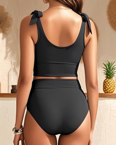Yonique Two Piece High Waisted Swimsuits - Women Tummy Control Bikini Modest Bathing Suit 2PC 2025 Black L - Image 4