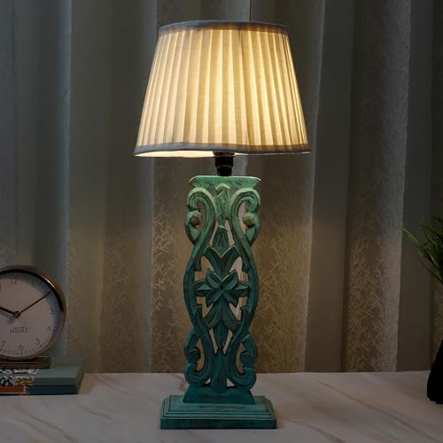 tu casa Mangowood Rustic Aqua French Table Lamp for Home Decoration, Bedroom, Living Room, Lounge, Office, Festival Gifting, Study Table (Off White with Satin Shade) H - 21" / No Blub - Image 2