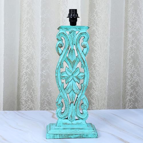 tu casa Mangowood Rustic Aqua French Table Lamp for Home Decoration, Bedroom, Living Room, Lounge, Office, Festival Gifting, Study Table (Off White with Satin Shade) H - 21" / No Blub - Image 3