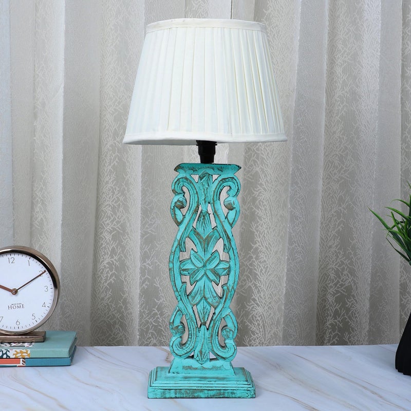 tu casa Mangowood Rustic Aqua French Table Lamp for Home Decoration, Bedroom, Living Room, Lounge, Office, Festival Gifting, Study Table (Off White with Satin Shade) H - 21" / No Blub - Image 5