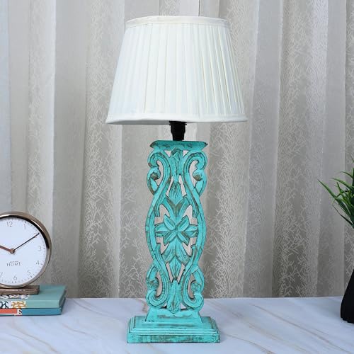 tu casa Mangowood Rustic Aqua French Table Lamp for Home Decoration, Bedroom, Living Room, Lounge, Office, Festival Gifting, Study Table (Off White with Satin Shade) H - 21" / No Blub - Image 1