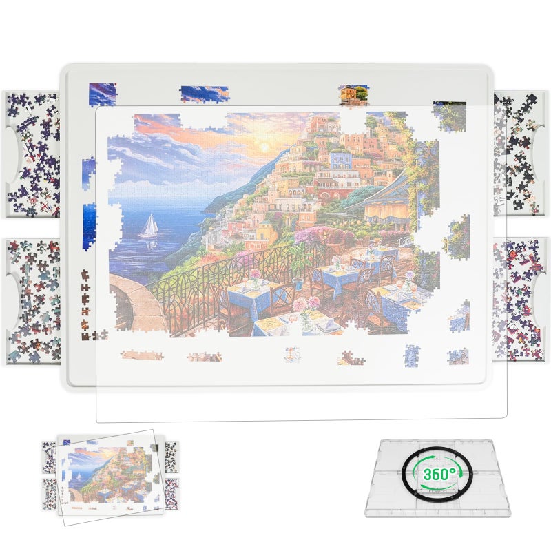 BuilderButler Lightweight 1500 Pieces Rotating Puzzle Board with 4 Sliding Drawers and Cover â€“ 360Â° Lazy Susan Spinning, 34.21"x25.75" Portable Plastic Puzzle Table, for Mom - Image 1