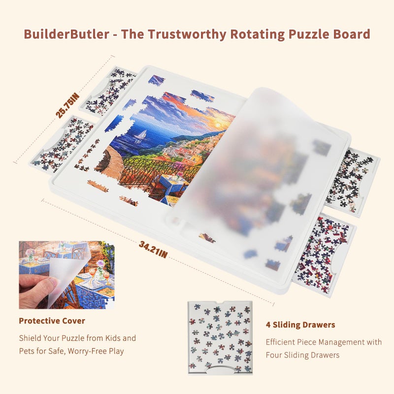 BuilderButler Lightweight 1500 Pieces Rotating Puzzle Board with 4 Sliding Drawers and Cover â€“ 360Â° Lazy Susan Spinning, 34.21"x25.75" Portable Plastic Puzzle Table, for Mom - Image 3