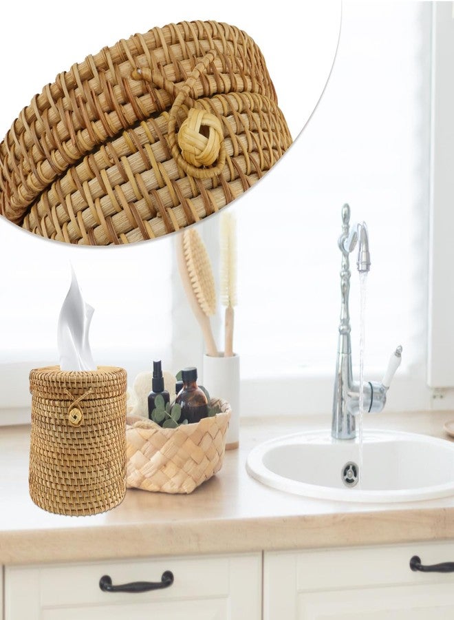 Risbay 1PCS Rattan Round Tissue Box Cover Tissue Box Holder Decorative Woven Facial Tissue Holder - Image 4