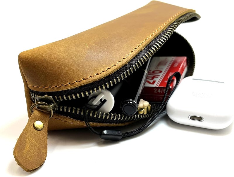 Craoopii Leather Pencil Case Pencil Bag Pouch With Zipper Pen Holders Handmade Genuine Leather For Men Women Students Businessmen And Artists Home Work Office., Brownish yellow, Pencil Case - Image 4