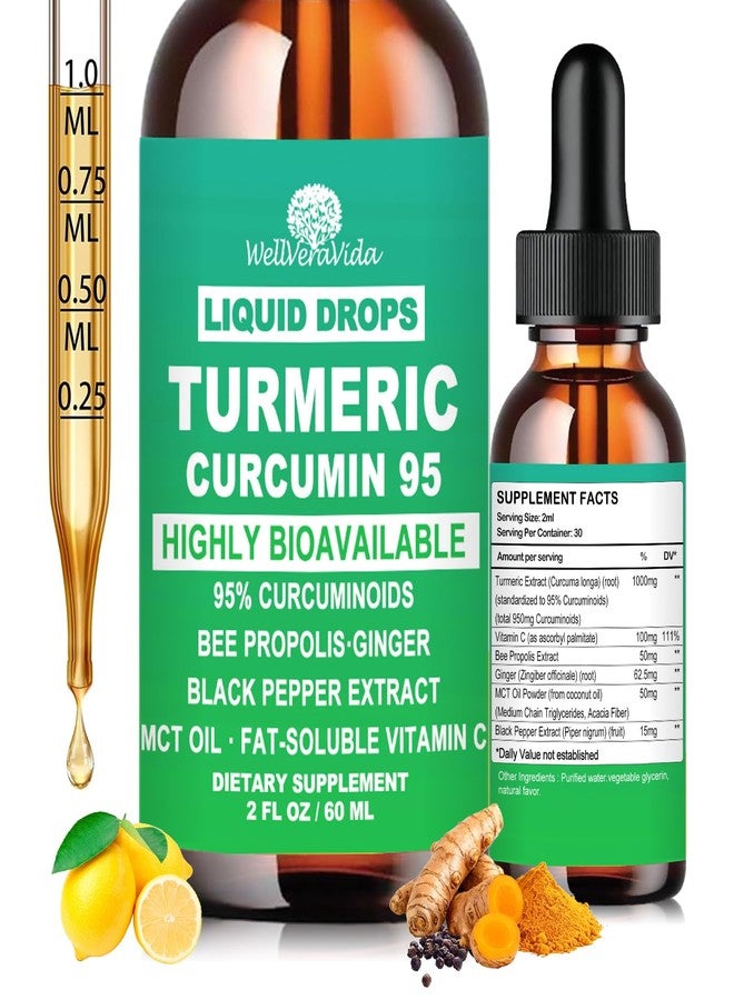 WellVeraVida Turmeric Curcumin Supplement Drops with 95% Curcuminoids, Enhanced Absorption Liquid Turmeric Complex 1000mg w/Bee Propolis Ginger MCT Oil Vitamin C & Black Pepper for Joint & Immune Support | Non GMO - Image 1