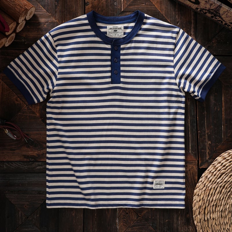 American Style Tough Man Style Henry Collar Striped Short-Sleeved Men'S T-Shirt Washed Cotton Comfortable Sea Soul Shirt Base Shirt Half-Sleeved Tee - Image 1
