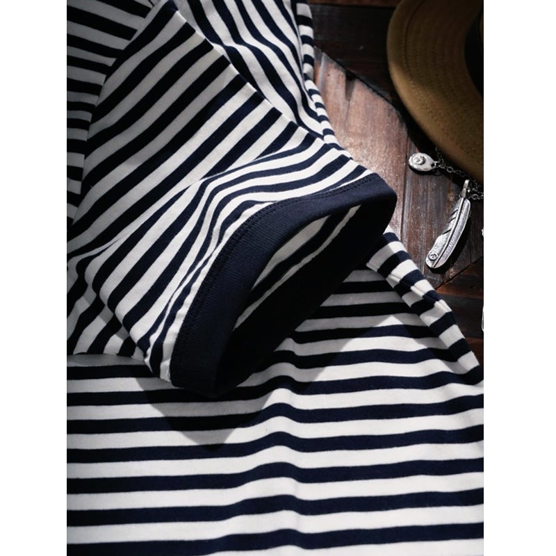American Style Tough Man Style Henry Collar Striped Short-Sleeved Men'S T-Shirt Washed Cotton Comfortable Sea Soul Shirt Base Shirt Half-Sleeved Tee - Image 5