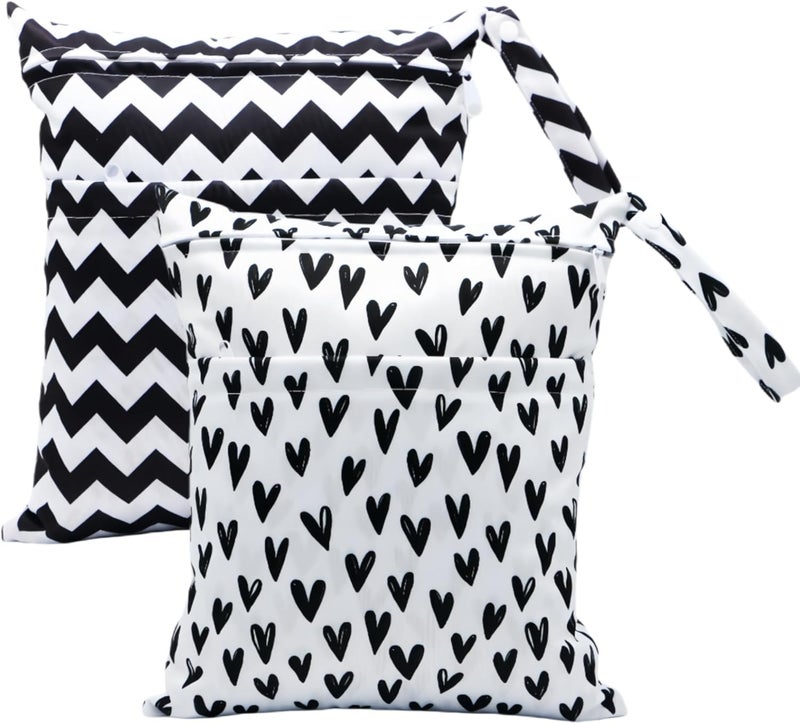 Asenappy 2pcs Cloth Diaper Wet Dry Bags Waterproof Reusable with Two Zippered Pockets Travel Beach Pool Daycare Soiled Baby Items Yoga Gym Bag for Swimsuits or Wet Clothes BLACK HEART - Image 1