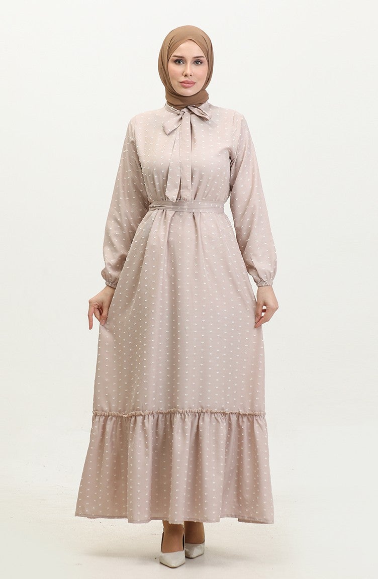Sefa Merve Petit Patterned Belted Dress 0383-07 Beige  - Image 1