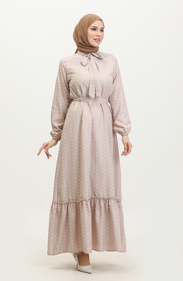 Sefa Merve Petit Patterned Belted Dress 0383-07 Beige  - Image 2