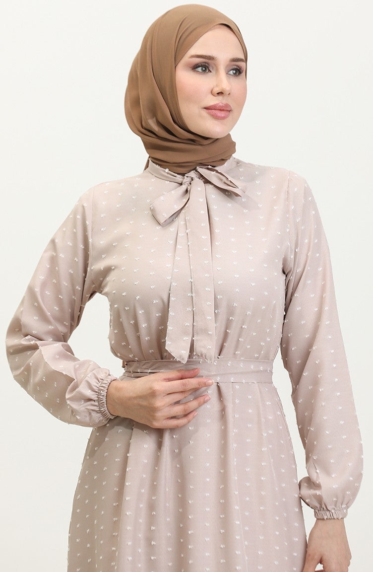 Sefa Merve Petit Patterned Belted Dress 0383-07 Beige  - Image 3