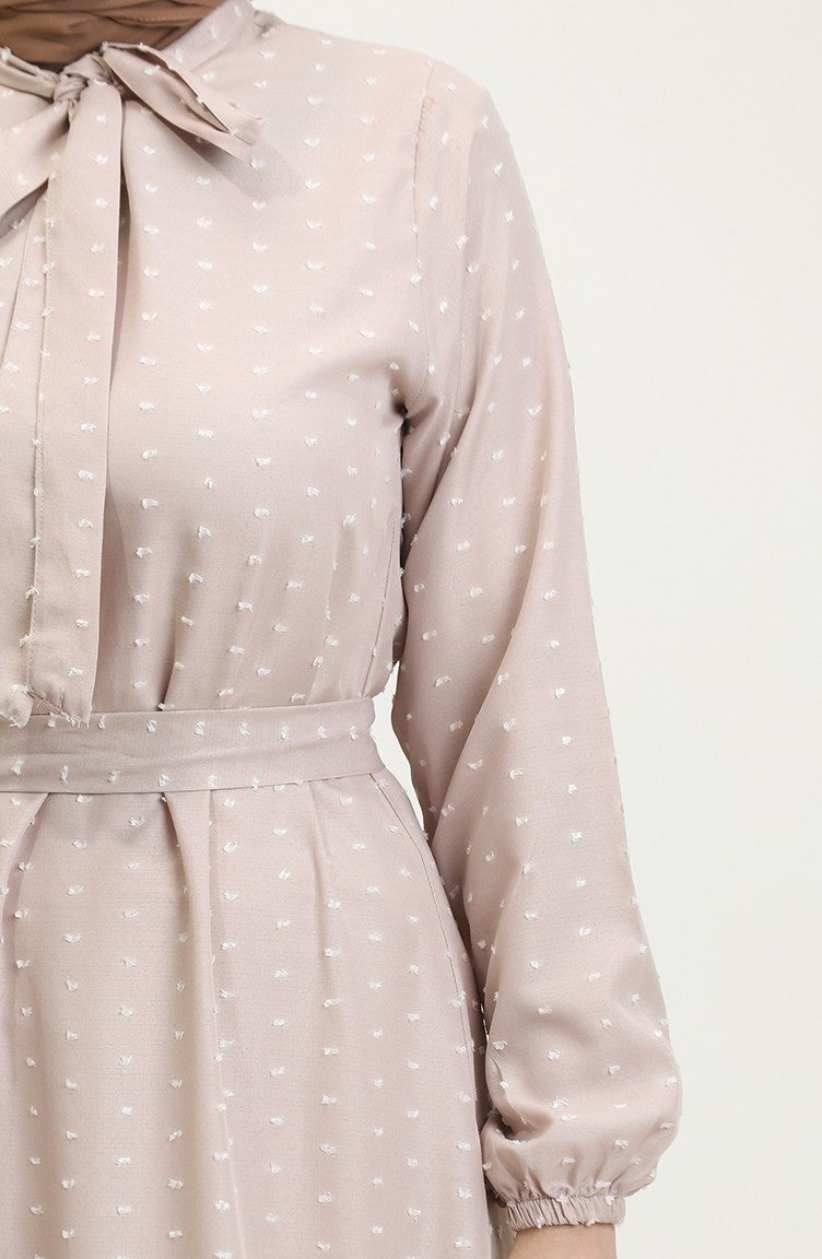 Sefa Merve Petit Patterned Belted Dress 0383-07 Beige  - Image 4