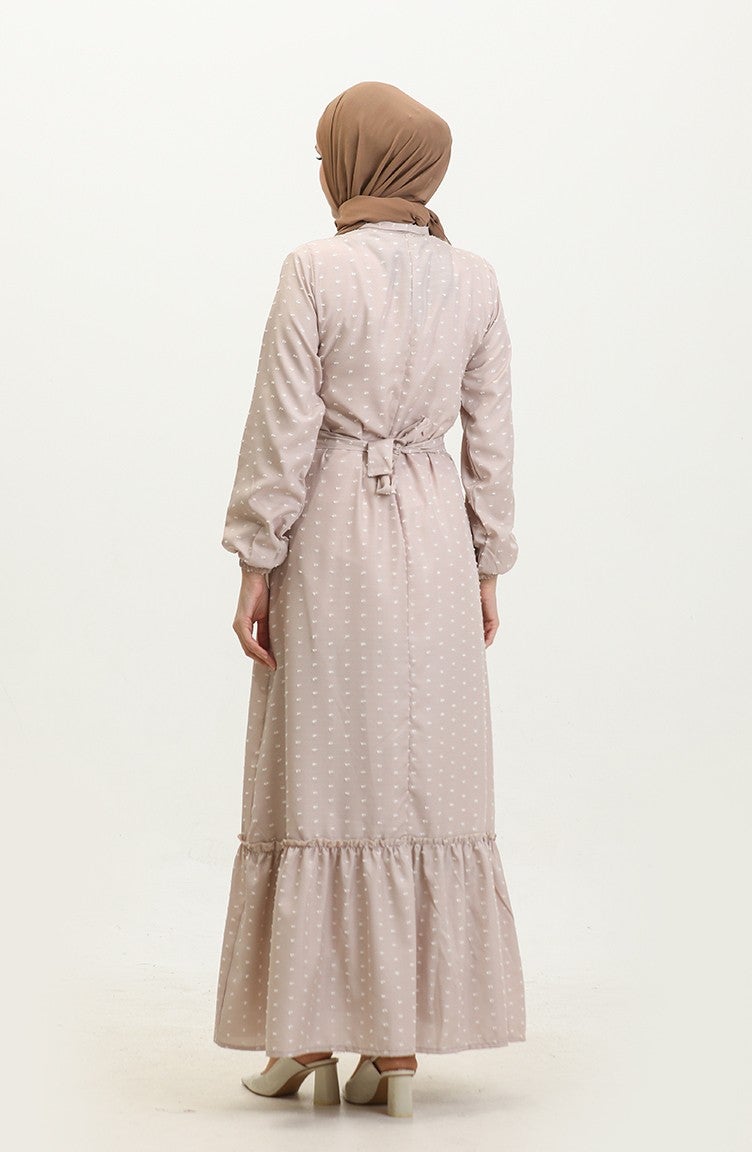 Sefa Merve Petit Patterned Belted Dress 0383-07 Beige  - Image 5