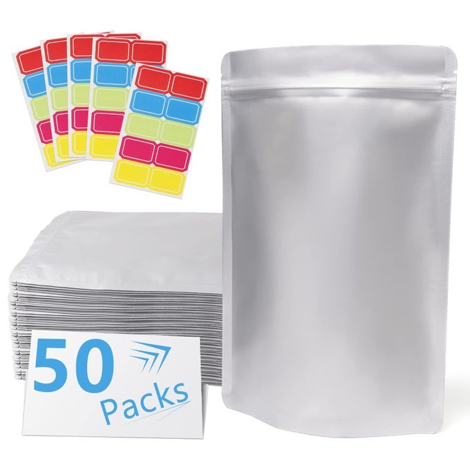 50 PACK 78 MIL 4X6 MYLAR BAGS FOR LONGTERM FOOD STORAGE WITH 50 LABERS RESEALABLE SMELL PROOF HEAT SEALABLE BAGS FOR EDIBLE PACKAGING STRONG SEALING STANDUP FOIL POUCH BAG FOR TEA DRY FOOD