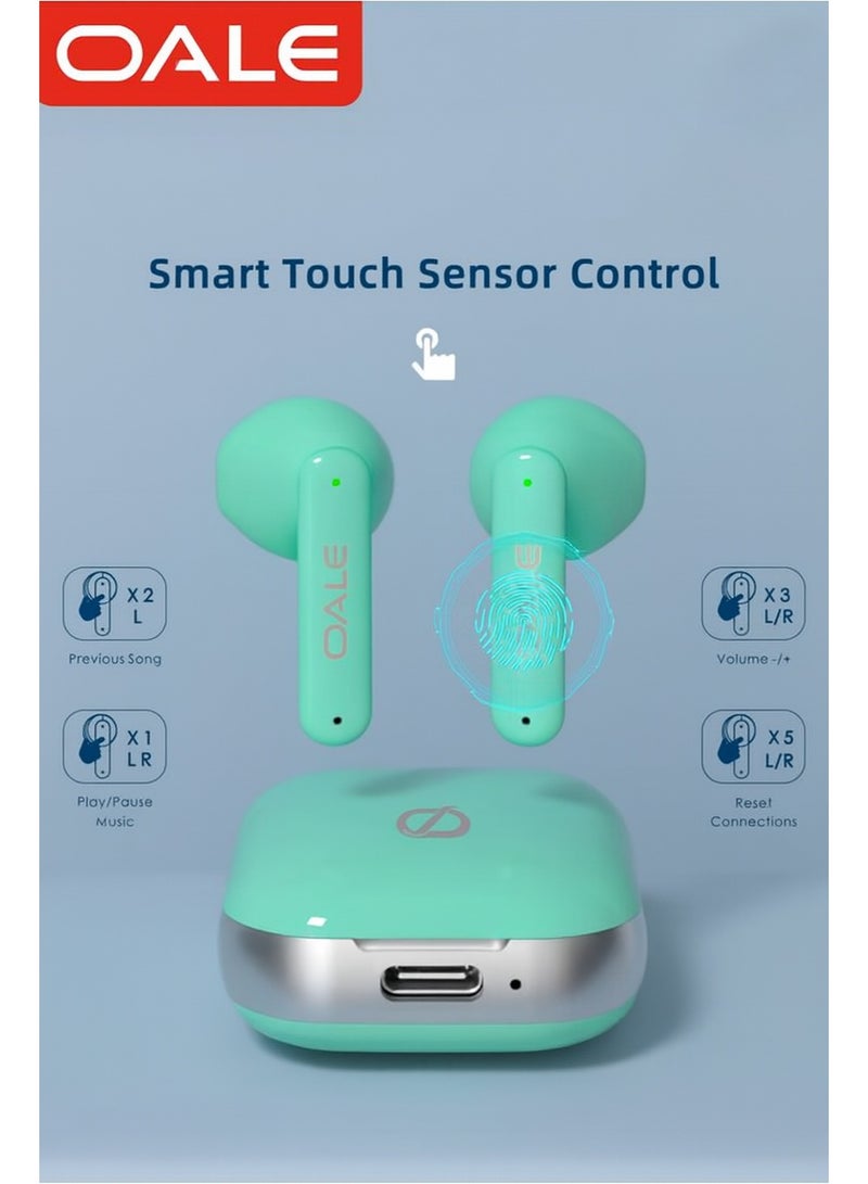 OALE iFree 14 Wireless Earbuds with ENC Noise Cancellation, Bluetooth 5.4, 35H Battery Life, Compact Design with Neck Chain, (Mint Green) - Image 2