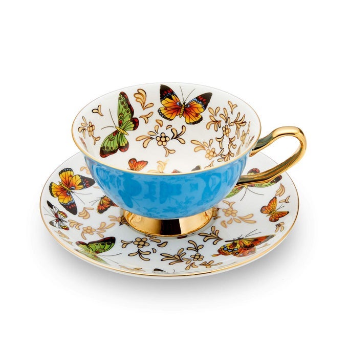 COFFEE CUP MUG WITH SAUCER FOR LATTE CAPPUCCINO TEA WITH BUTTERFLIES 68 OZ FINE BONE CHINA DISHWASHER SAFE REACTIVE GLAZE 1 PCS