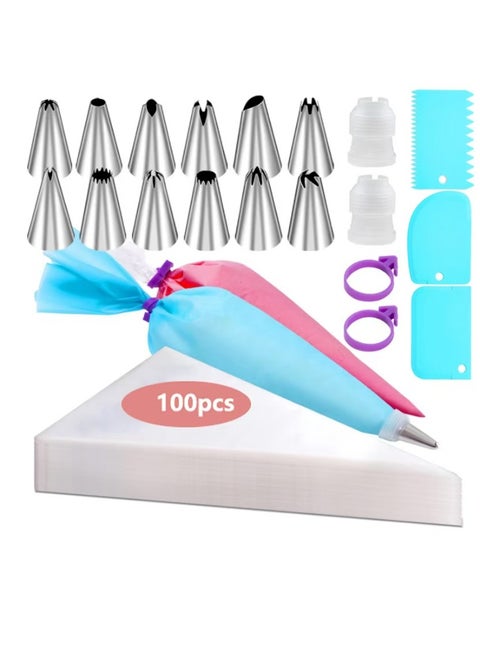 Piping Bags and Tips Set, Cakes Decorating Supplies Kit with 100pcs 12 Inch Pastry Bags, 12 Piping Tips, 3 Cake Scraper, 2 Couplers, 2 Bag Ties, Simple and Convenient Baking Supplies Set