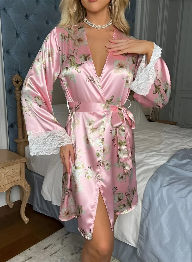 Women's pink floral print pajama set