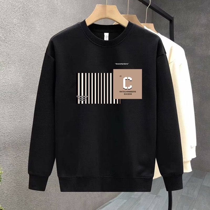 Autumn New Sweater Mens 2024 New Sense Printed Loose Crewneck Pullover Hoodless Mens Long Sleeve Base Shirt White - Image 2