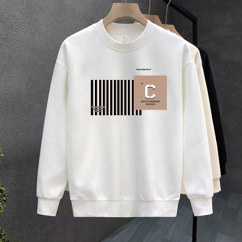 Autumn New Sweater Mens 2024 New Sense Printed Loose Crewneck Pullover Hoodless Mens Long Sleeve Base Shirt White - Image 4