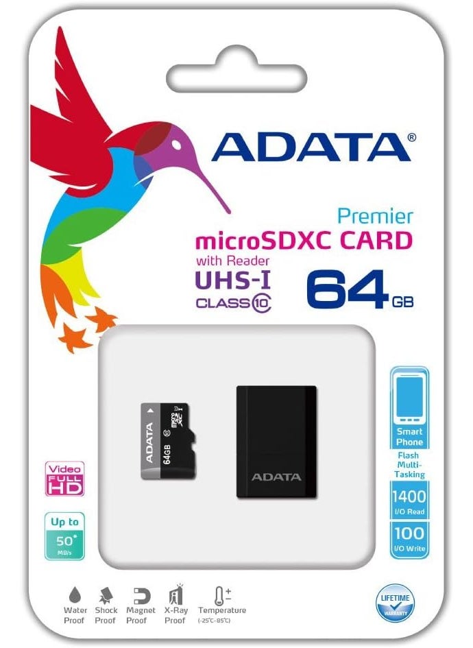 ADATA ADATA Premier 64GB microSDHCSDXC UHSI U1 Class 10 Memory Card with Adapter AUSDX64GUICL10RA1  - Image 2