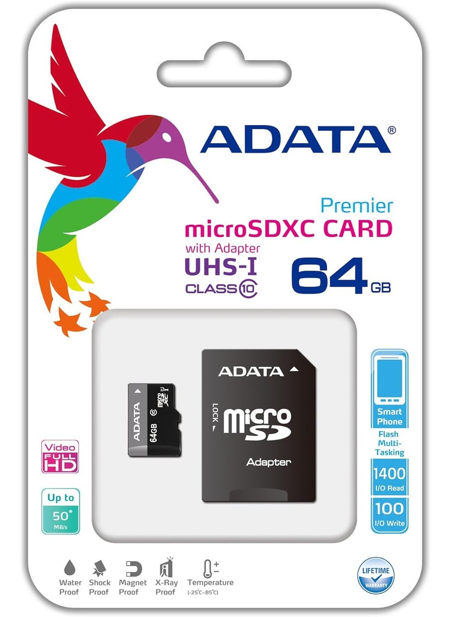 ADATA ADATA Premier 64GB microSDHCSDXC UHSI U1 Class 10 Memory Card with Adapter AUSDX64GUICL10RA1  - Image 4
