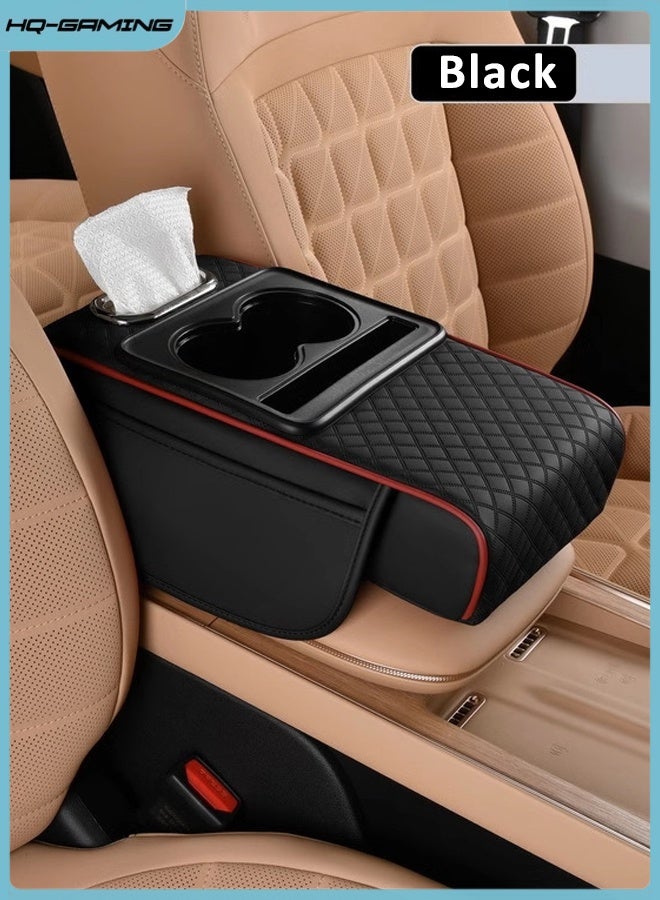 إتش كيو جيمنغ غطاء مسند ذراع السيارة، غطاء مسند ذراع السيارة، غطاء وحدة التحكم المركزية مع حامل أكواب، 2 وحدة تخزين، مسند ذراع وحدة التحكم المركزية، مزخرف بالجلد من الفينيل، وسادة مسند ذراع السيارة مضادة للخدش، مناسب لمعظم المركبات، سيارات الدفع الرباعي، أسود - Image 1