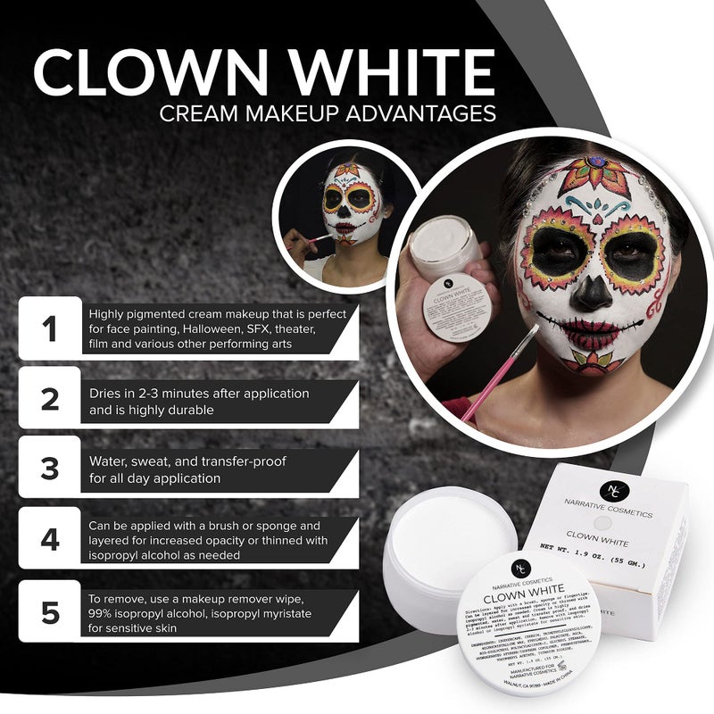 Narrative Cosmetics Clown White Cream Makeup, Quick Drying Professional Face Paint for the Stage, Film, Halloween, and Cosplay, 1.9 Oz. - Image 3