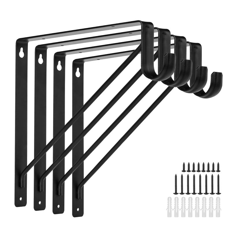 APOCHON 4 Pack Heavy Duty Closet Shelf and Rod Brackets 300lbs 11 x 11 Inch Wall Mounted Closet Shelves Bracket with Rod Shelving Support Black Closet Pole Holder Bracket with Screws