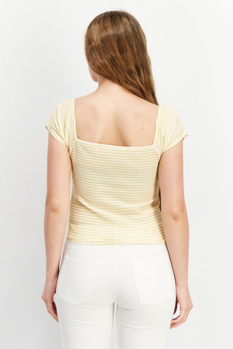 BB Dakota by Steve Madden Women V-Neck Short Sleeve Stripe Crop Top, Yellow/White - Image 2