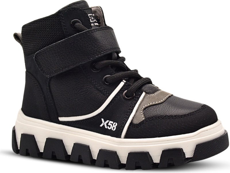 Kids A More Urban Laced and Zippered Genuine Leather Boy Boots Black - Image 1