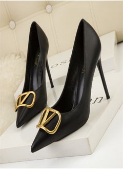 Eloshman 9.5cm Fashion Professional Shallow Mouth Pointed Metal V-Home Square Button Thin Heel High Heel Black  - Image 2