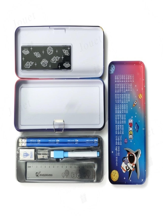 JOUET Stationery Gift Set for Kids & Boys Double Decker Metal Pencil Box School Supplies Combo with Ruler, Eraser, Pencils & Sharpener (Astronaut) - Image 4