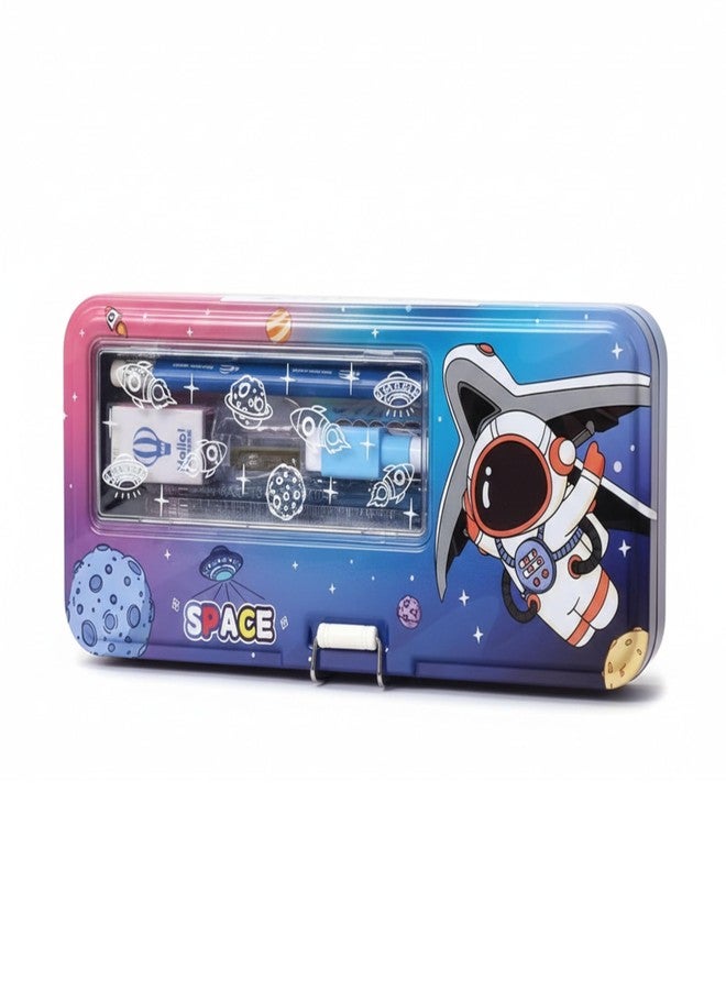 JOUET Stationery Gift Set for Kids & Boys Double Decker Metal Pencil Box School Supplies Combo with Ruler, Eraser, Pencils & Sharpener (Astronaut) - Image 1