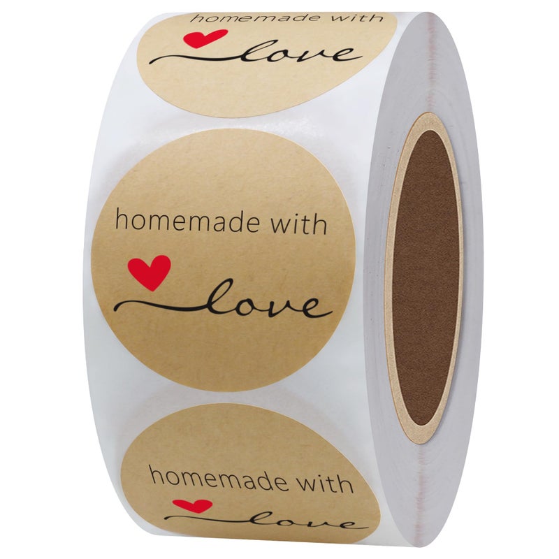 Hybsk Kraft Homemade with Love Stickers 1.5" Inch Round Total 500 Adhesive Labels Per Roll (Kraft) - Image 1