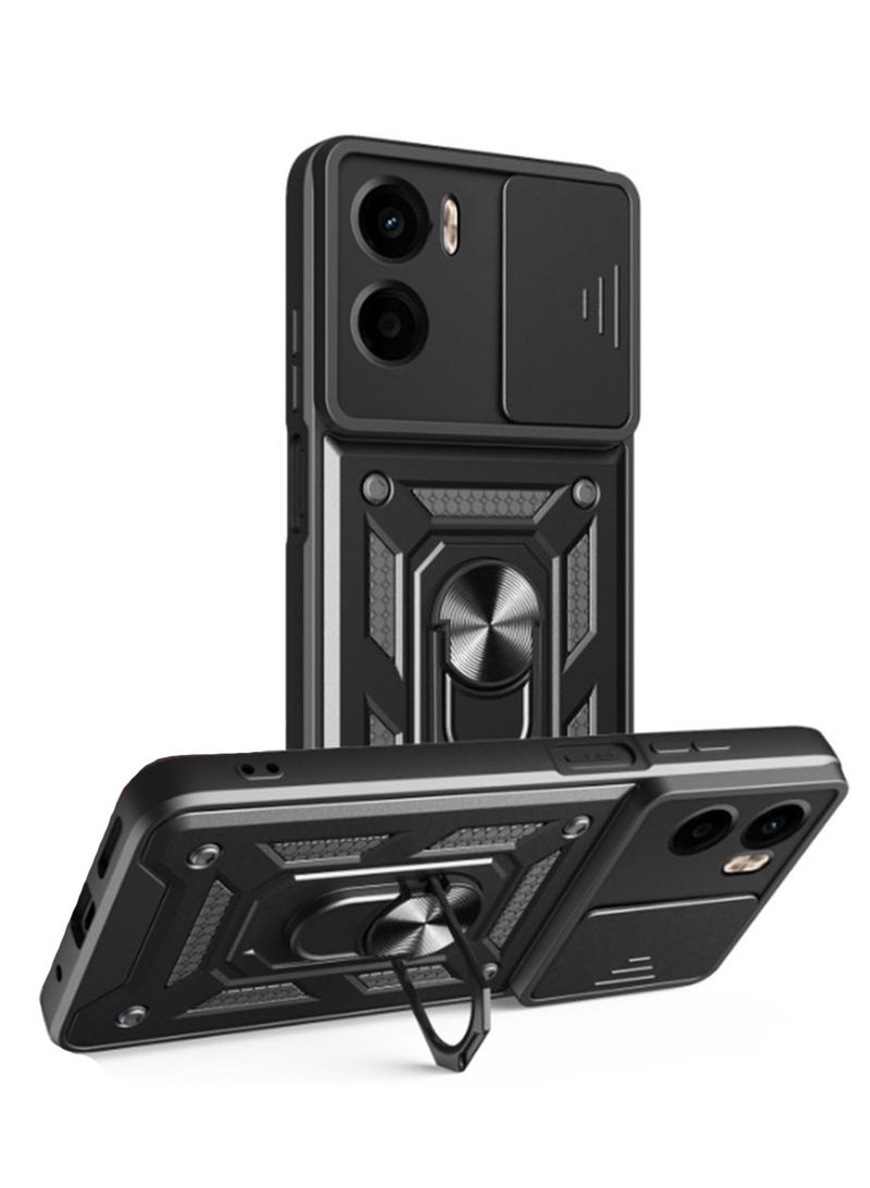 Case Cover for Motorola G05/E15, Slide Camera Lens Cover, Magnetic Ring Holder Kickstand Protective Phone Case for Motorola G05/E15, Black 