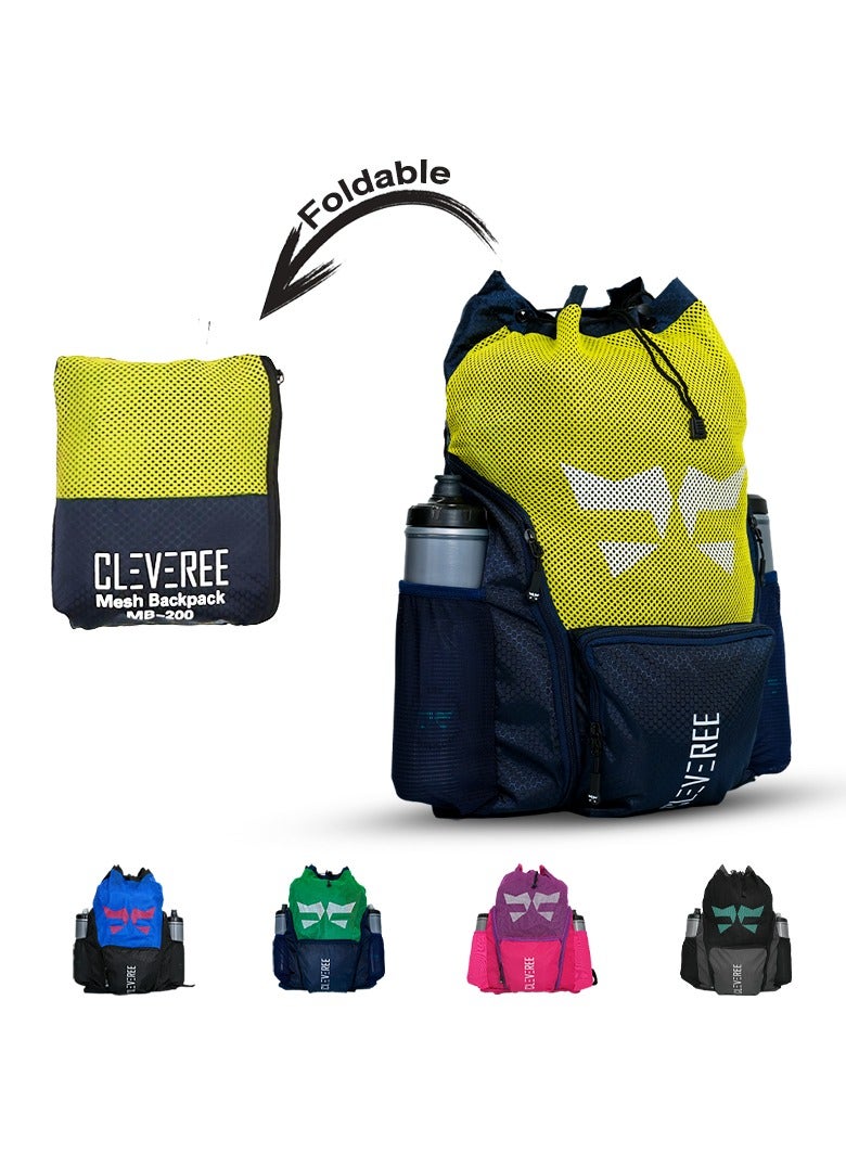 CLEVEREE® Sports Mesh Backpack for Travel, Swimming, Football, Beach. Basketball, Gym - Breathable - Waterproof pocket - Shoe Compartment Pocket (Yellow Sporter) - Image 1