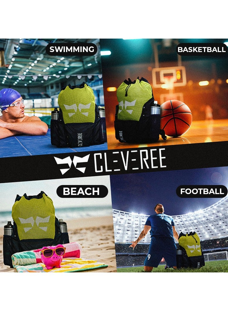 CLEVEREE® Sports Mesh Backpack for Travel, Swimming, Football, Beach. Basketball, Gym - Breathable - Waterproof pocket - Shoe Compartment Pocket (Yellow Sporter) - Image 2