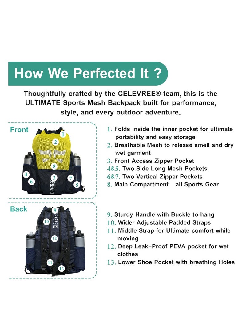 CLEVEREE® Sports Mesh Backpack for Travel, Swimming, Football, Beach. Basketball, Gym - Breathable - Waterproof pocket - Shoe Compartment Pocket (Yellow Sporter) - Image 5