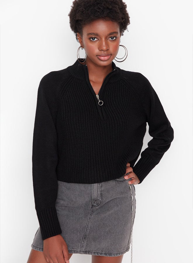 trendyol Black Crop Zippered Stand Collar Basic Knitwear Sweater - Image 1