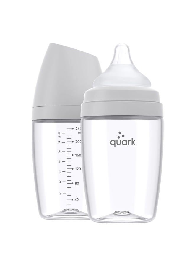 Quark BuubiBottle Max Slow Flow Bottle for Newborn Babies by Quark - with Anti-Colic RealFeel to Simulate Breastfeeding - BPA-Free, PVC-Free, Toxin-Free - 8 Oz Bottle with Lid, 2 Pack - Gray - Image 1