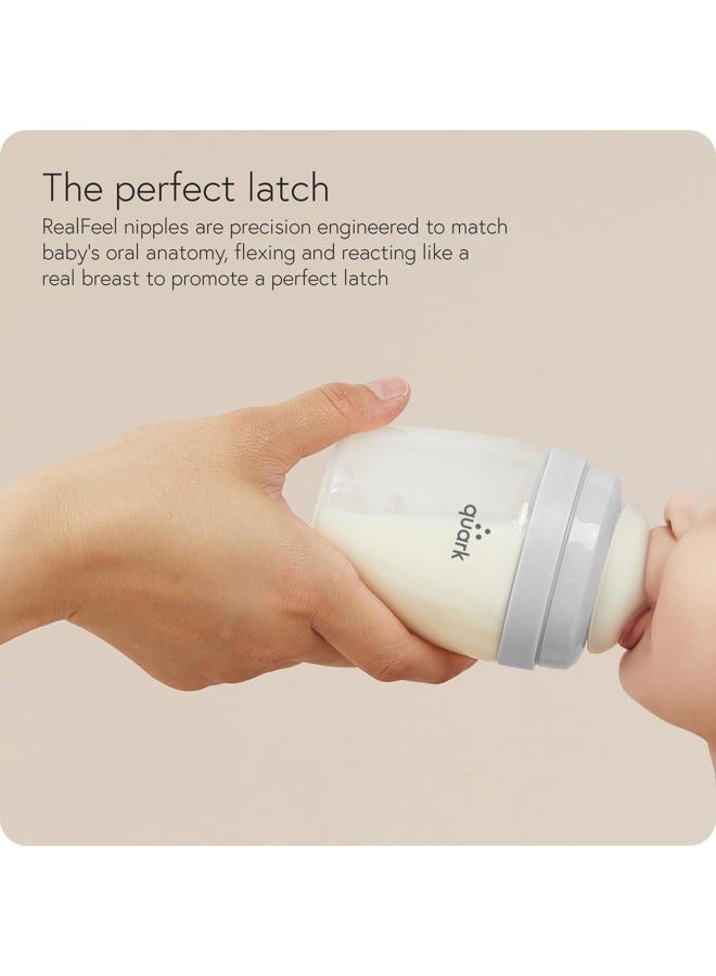 Quark BuubiBottle Max Slow Flow Bottle for Newborn Babies by Quark - with Anti-Colic RealFeel to Simulate Breastfeeding - BPA-Free, PVC-Free, Toxin-Free - 8 Oz Bottle with Lid, 2 Pack - Gray - Image 4