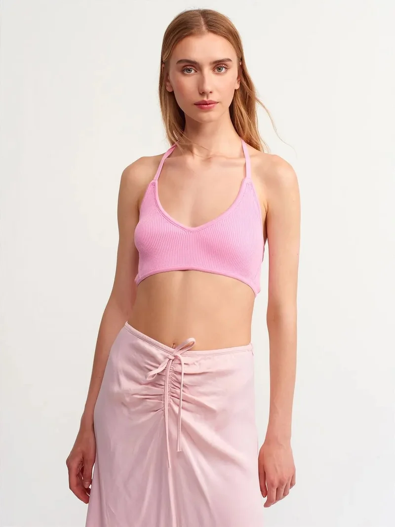 ديلفين DILVIN Fitted Ribbed Halter Crop Blouse With Tie Detail