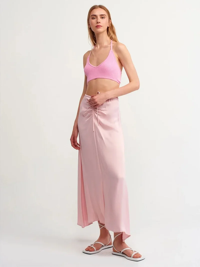 ديلفين DILVIN Fitted Ribbed Halter Crop Blouse With Tie Detail