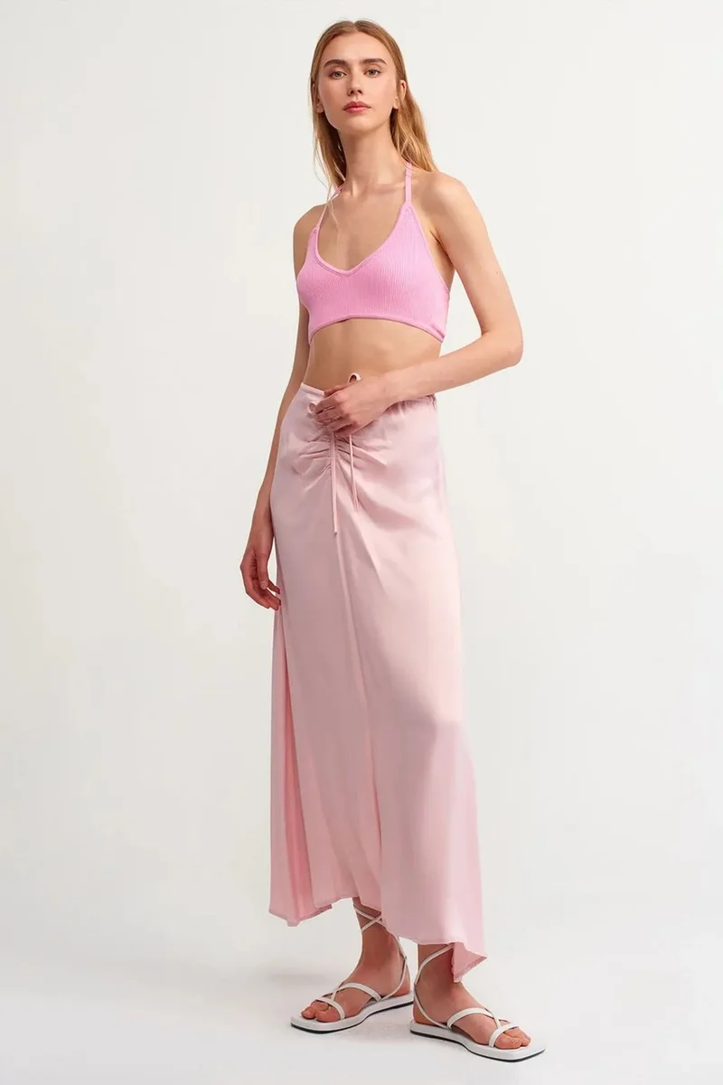 Dilvin Blush Pink DILVIN Fitted Ribbed Halter Crop Blouse With Tie Detail for Women | Best Price UAE
