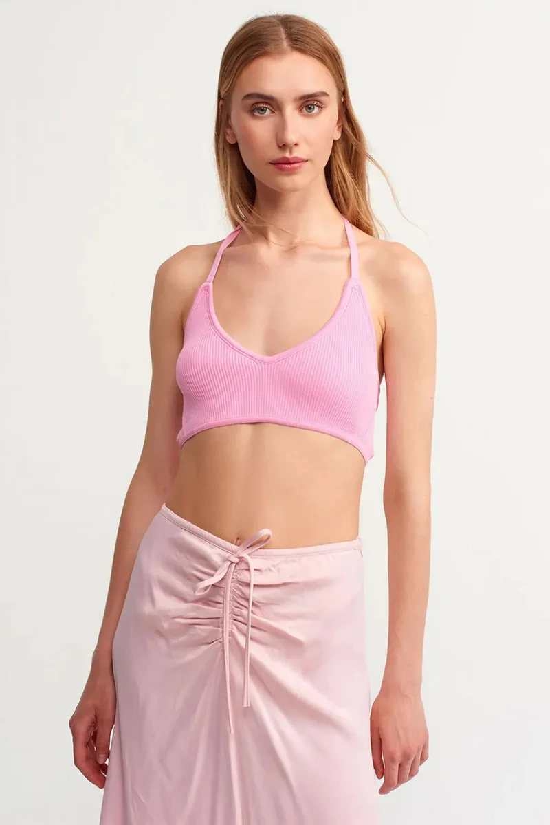 DILVIN Fitted Ribbed Halter Crop Blouse With Tie Detail