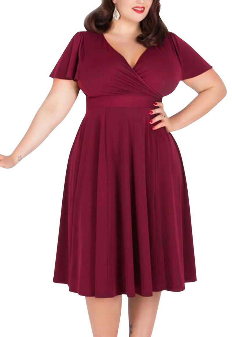 Nemidor Plus Size Dresses for Curvy Women Casual Summer V Neck Short Sleeve Midi Cocktail Vintage Dress with Pocket(073,18,Wine) - Image 1