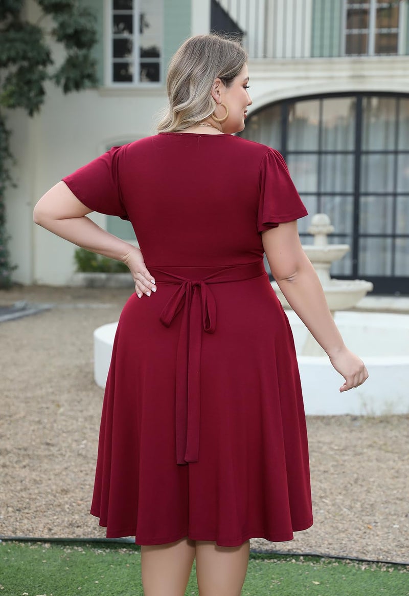 Nemidor Plus Size Dresses for Curvy Women Casual Summer V Neck Short Sleeve Midi Cocktail Vintage Dress with Pocket(073,18,Wine) - Image 2