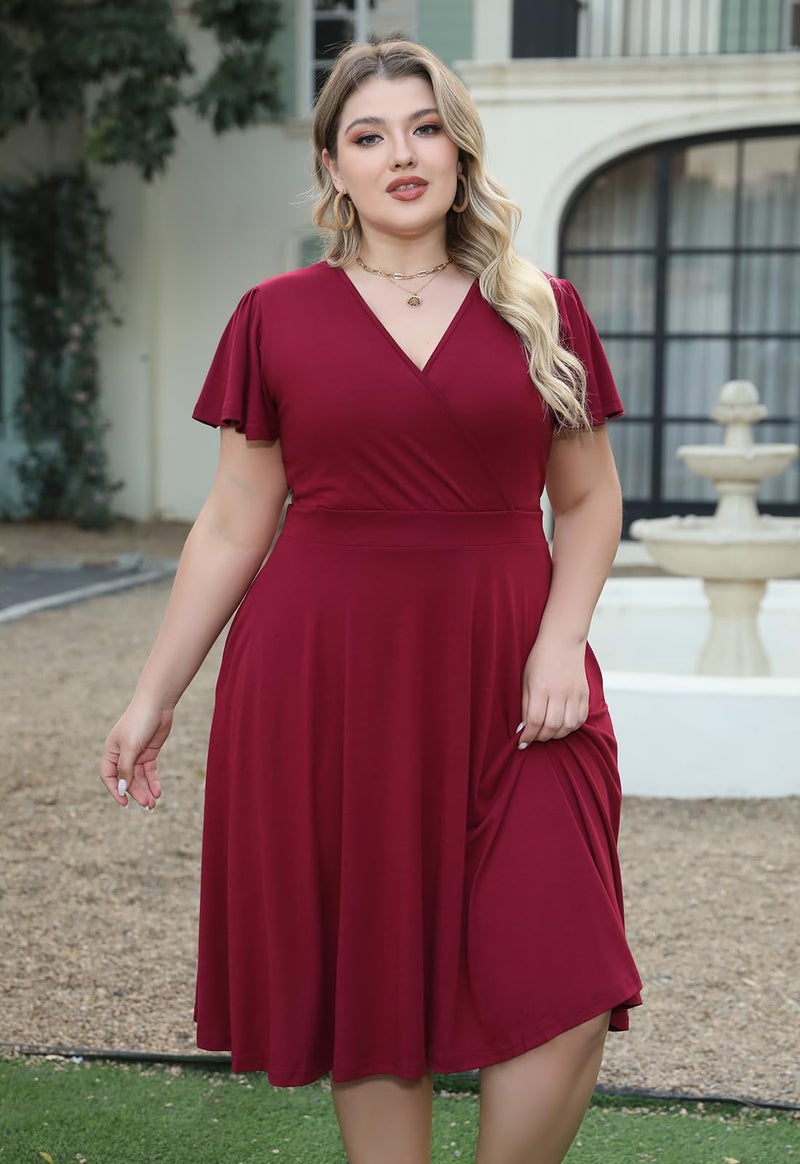 Nemidor Plus Size Dresses for Curvy Women Casual Summer V Neck Short Sleeve Midi Cocktail Vintage Dress with Pocket(073,18,Wine) - Image 4